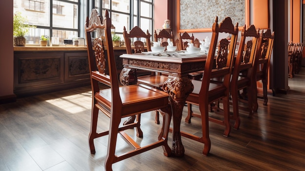 Une salle à manger avec une table et des chaises en bois