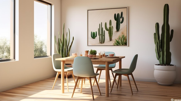 Une salle à manger avec une table, des chaises et un cactus.