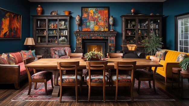 une salle à manger avec une table et des chaises et une cheminée