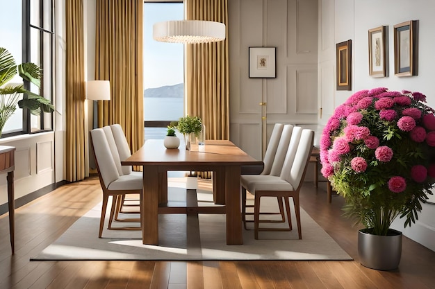 Une salle à manger avec une table et des chaises et une lampe