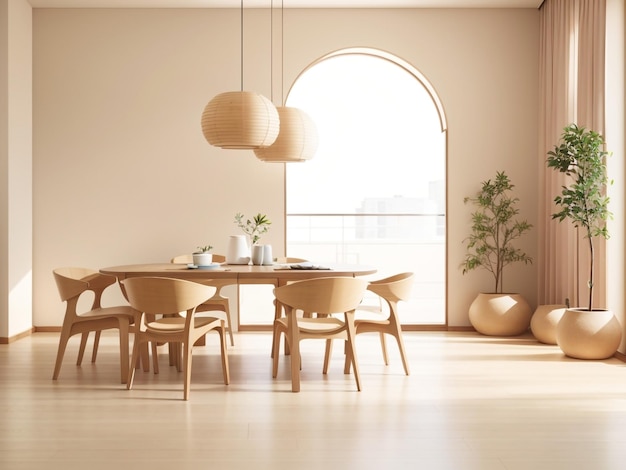 une salle à manger avec une table et des chaises et une lampe