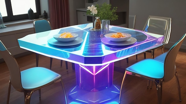 Une salle à manger avec une table de chef holographique