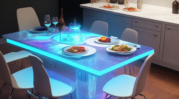 Une salle à manger avec une table de chef holographique