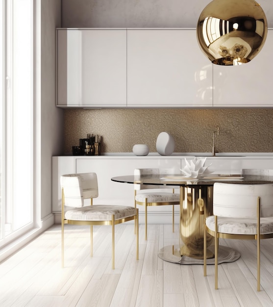 Une salle à manger avec une table ronde et des chaises et un grand luminaire doré suspendu au plafond.