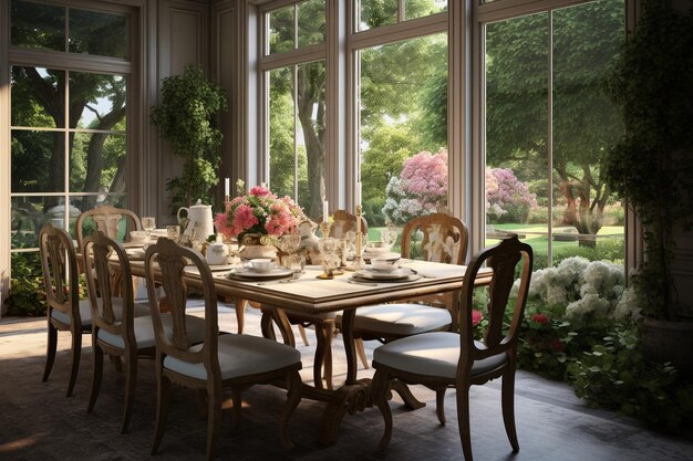 Salle à manger avec vue sur le jardin