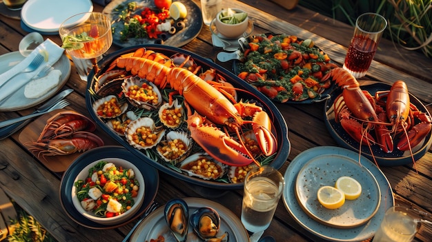 Une salle à manger avec vue sur l'océan avec des assiettes, des verres à vin sur la table.