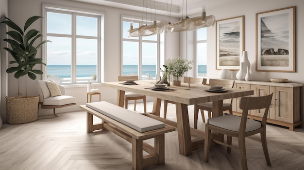 Une salle à manger avec vue sur l'océan et un banc en bois.