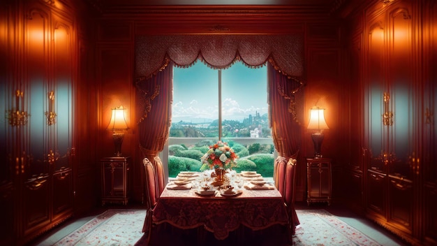 Une salle à manger avec vue sur la ville de Londres.