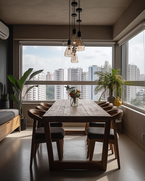 Une salle à manger avec vue sur la ville