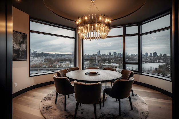 Une salle à manger avec vue sur la ville