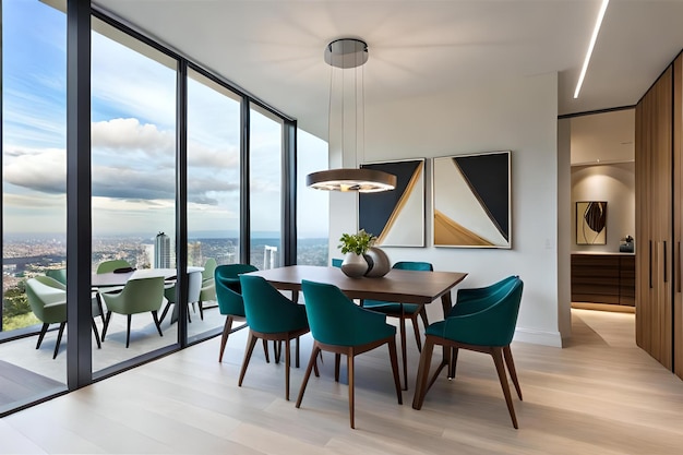 Une salle à manger avec vue sur la ville