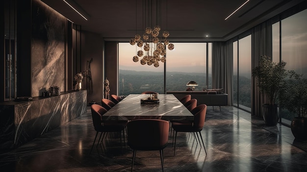 Une salle à manger avec vue sur la ville