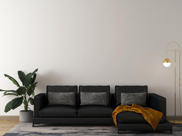 Salle de maquette avec plante de couverture d'oreiller de canapé noir et lampadaire unique