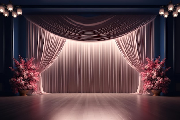 une salle de mariage avec espace scénique aux murs fleuris roses et éclairage
