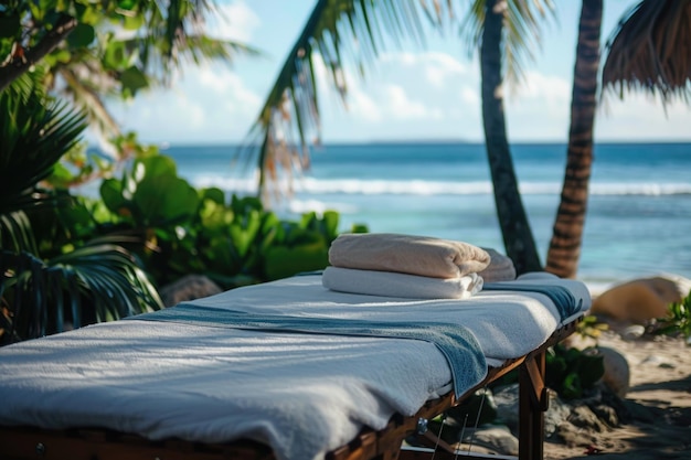 Salle de massage spa sur le bord de la mer avec des serviettes concept de soins de beauté lits de spa sont prêts pour un massage à