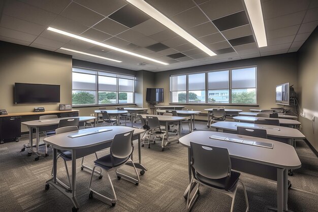 Salle moderne avec des bureaux pour l'éducation AI