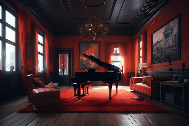 Une salle de musique avec un piano au milieu