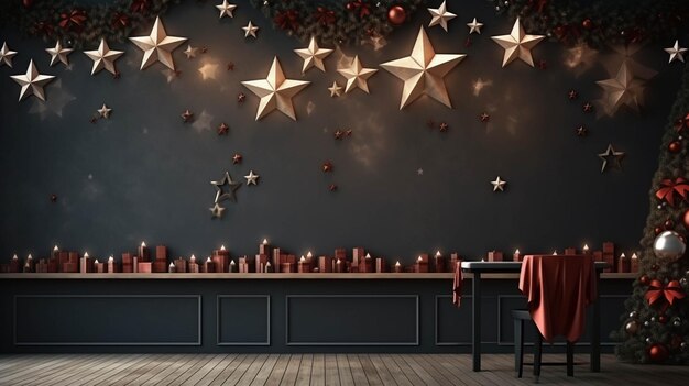 Photo salle de noël avec des bougies décorations en or sur le mur arbre de noël à mur gris foncé