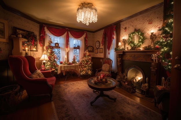 La salle de Noël est décorée d'un arbre festif orné de lumières scintillantes, d'ornements et de guirlandes.