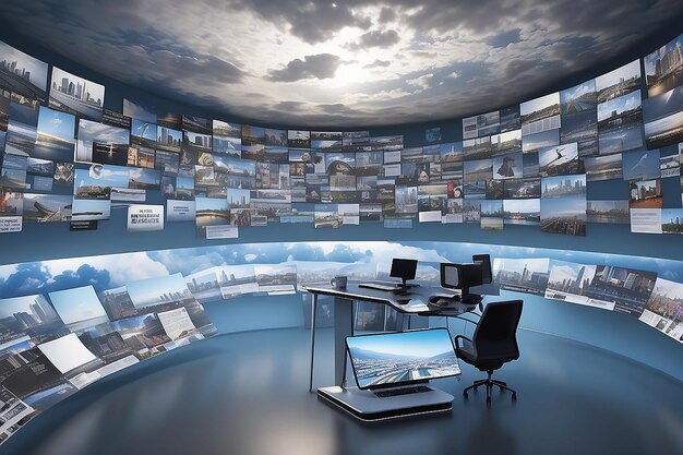 Photo salle de nouvelles virtuelle avec un ciel 3d rempli de titres et d'images flottants
