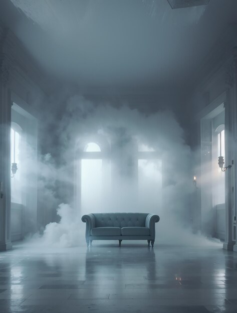 Une salle numérique surréaliste avec un brouillard mystérieux arrivant des coins