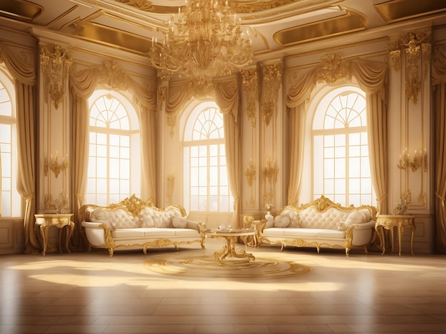 Une salle de palais classique extravagante de style européen avec des décorations dorées grand format éditées à la main