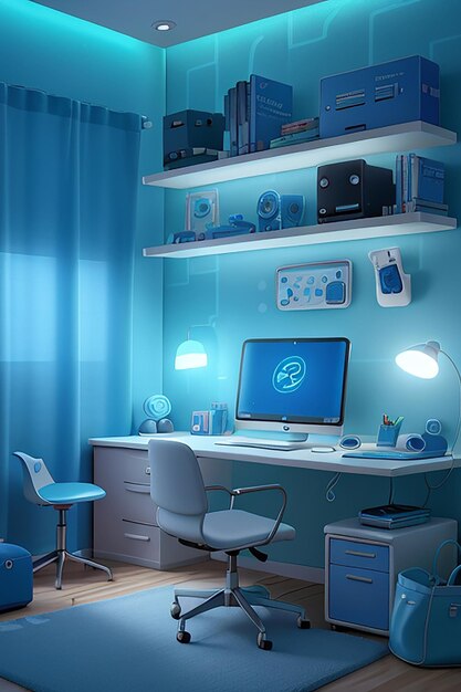 Une salle de pigistes moderne remplie de gadgets technologiques les plus récents, éclairée par une douce lumière bleue