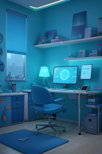 Une salle de pigistes moderne remplie de gadgets technologiques les plus récents, éclairée par une douce lumière bleue
