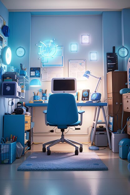 Une salle de pigistes moderne remplie de gadgets technologiques les plus récents, éclairée par une douce lumière bleue