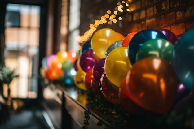 Une salle pleine de ballons colorés avec des guirlandes accrochées au mur