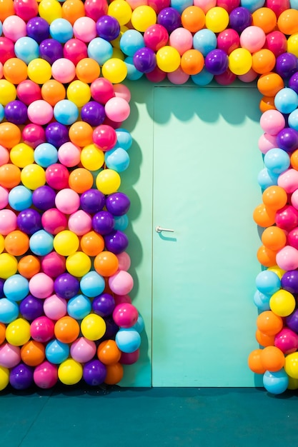 Salle de porte avec concept de ballons colorés de fête de célébration joyeux anniversaire