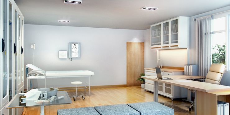 Photo salle de premiers soins rendu 3d près du bureau