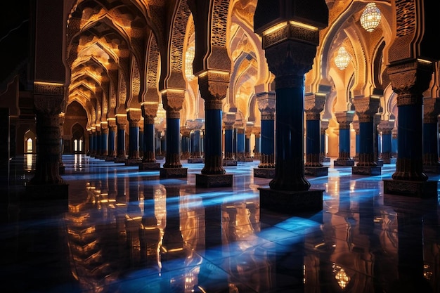 La salle de prière de la mosquée sacrée avec un bel éclairage