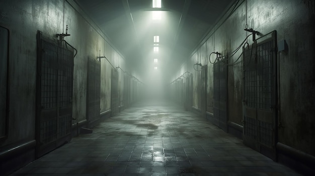 Une salle de prison abandonnée et effrayante avec des cellules s'estompant dans le brouillard une porte ouverte offrant un chemin vers un destin incertain.