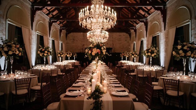 Salle de réception de mariage avec une table élégante avec des bougies