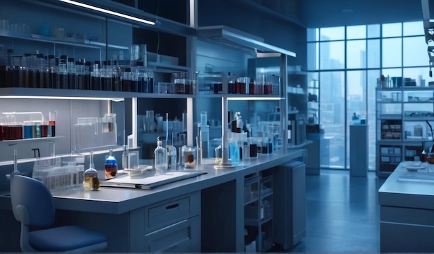 Salle de recherche médicale avec équipement médical et fond bleu clair