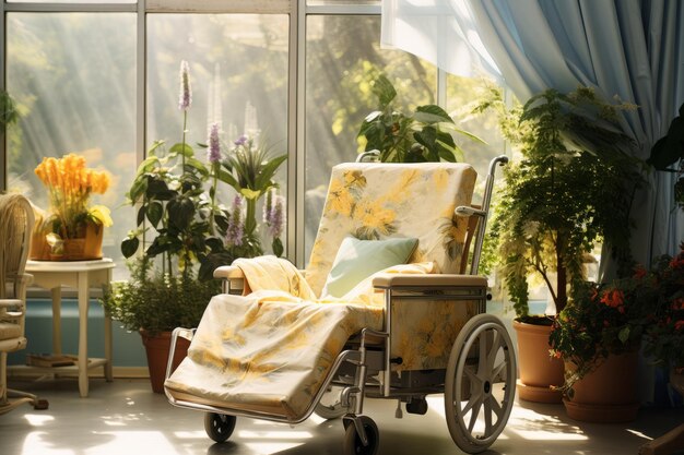 Salle de relaxation dans un hôpital moderne avec un confortable fauteuil à roues Des locaux confortables et lumineux dans une clinique moderne avec des plantes d'intérieur où les patients peuvent se détendre ou discuter avec des proches en visite