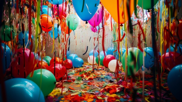 Salle remplie de ballons et de banderoles de confettis AI générative