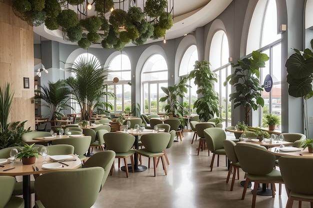 Salle de restaurant avec tables rondes et carrées, chaises et plantes