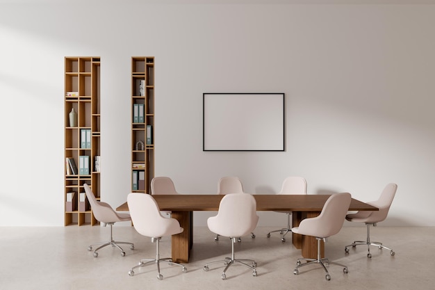 Salle de réunion de bureau blanche avec bibliothèques et affiche