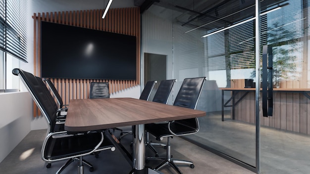 Salle de réunion de bureau de style moderne avec sol en béton apparent et beaucoup de plantes, rendu 3d