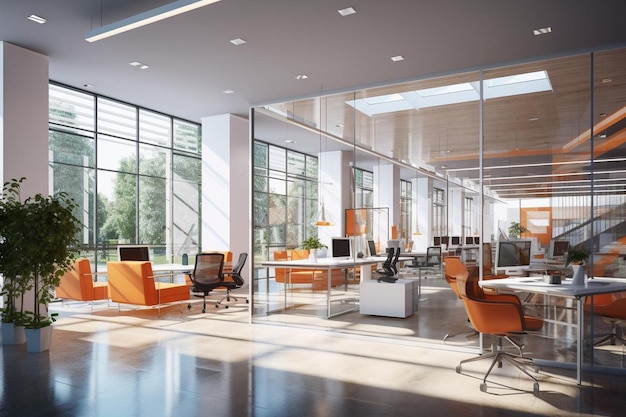 une salle de réunion avec des chaises orange et une table avec des chaires et une lampe.