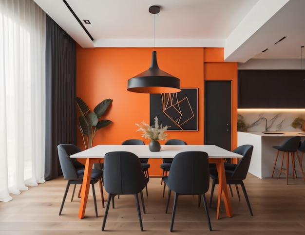 salle de réunion avec design de salle de réunion minimaliste de couleur orange avec table et chaises