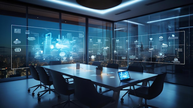 Salle de réunion futuriste la nuit avec des projections de données holographiques conception élégante de salle de réunion d'entreprise technologie avancée dans l'espace de bureau moderne IA