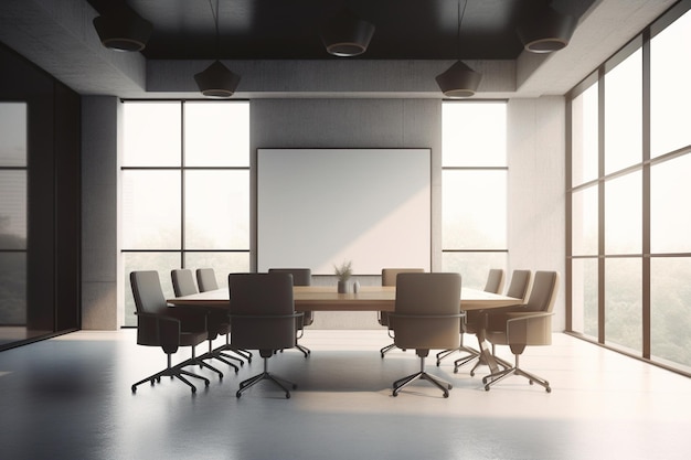 Une salle de réunion avec un grand tableau au mur et des chaises