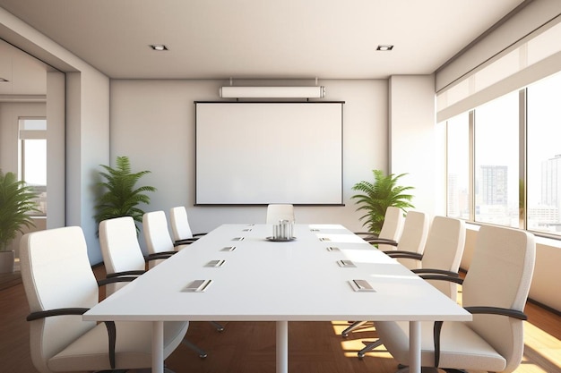 Photo salle de réunion vide avec table et tableau blanc