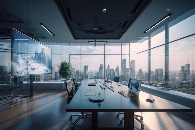 Salle de réunion virtuelle avec vue sur la rue animée de la ville et le trafic animé créé avec l'IA générative