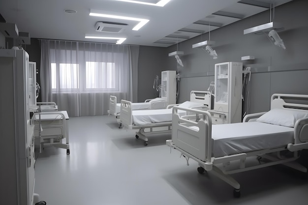 Salle de réveil à l'hôpital avec lits confortables et équipement médical Réseau neuronal généré en mai 2023 Non basé sur une scène ou un modèle réel