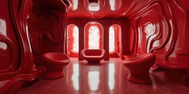 Une salle rouge avec une salle rouge et une table ronde et des chaises.
