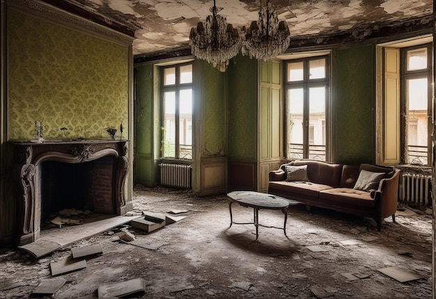 Photo salle de séjour ancienne intérieur d'un appartement communal abandonné trébuché papier peint sale pourri pelage